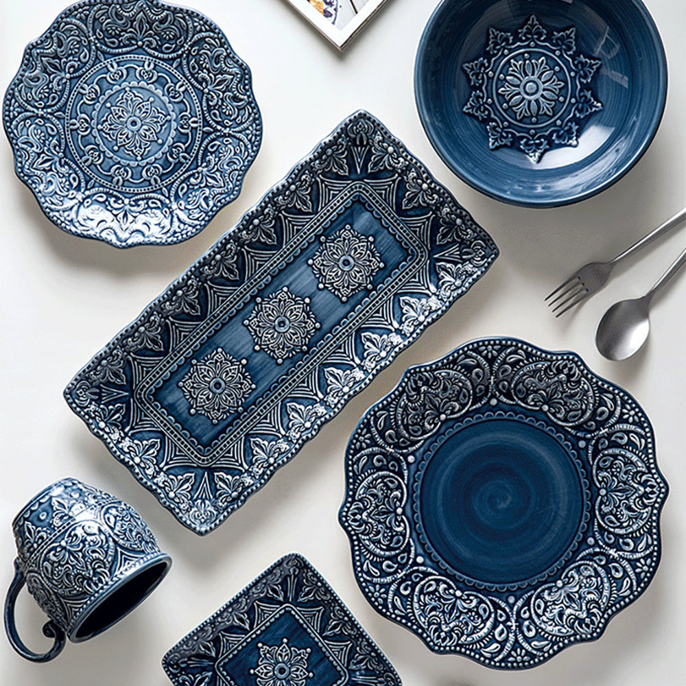 6-Piece Dinnerware Sets Service for One Person European Ceramic Blue Dinnerware Set