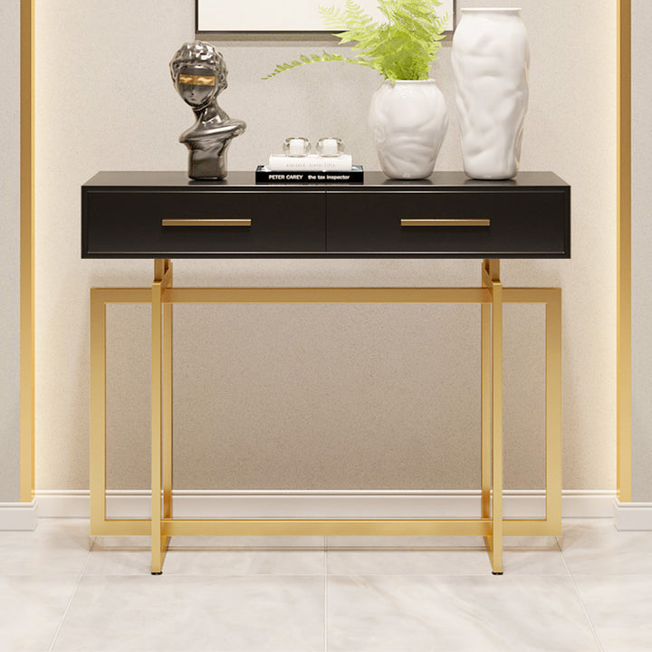 1200mm Modern Narrow Black Console Table with Storage Drawers and Metal Legs in Gold