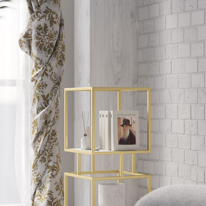 4-Tier Modern Simple Gold Cube Bookcase with Metal Tower Display Tall Wooden Bookshelf