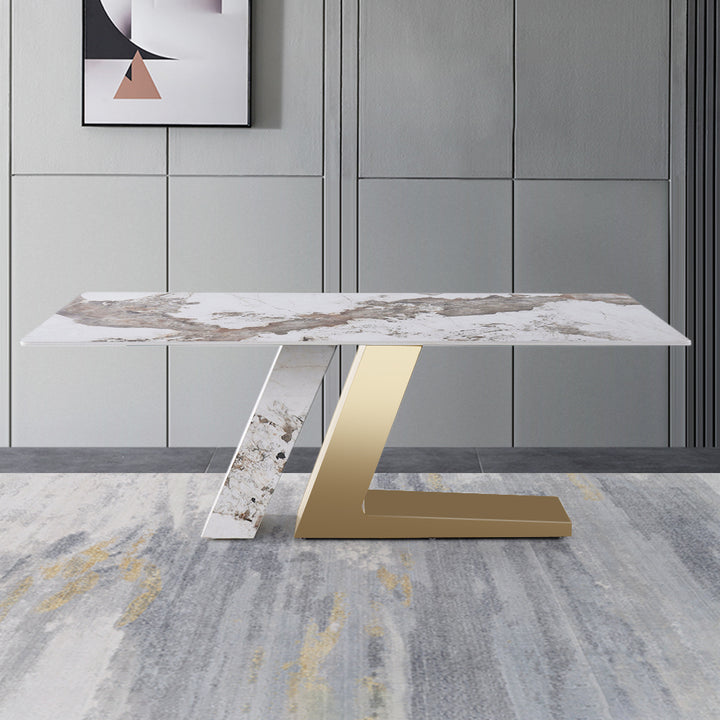 63" Rectangle Modern Sintered Stone Top Dining Table for 6 Stainless Steel Base in Gold