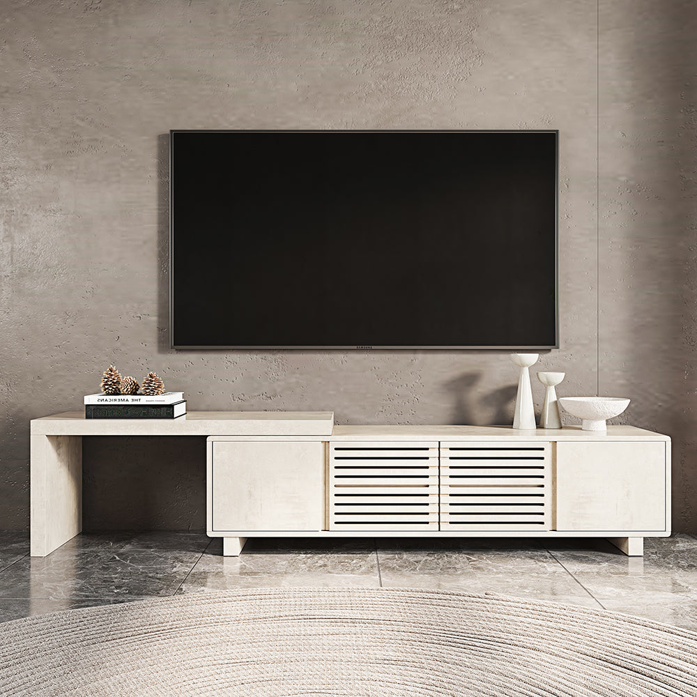 Distressed White Retracted & Extendable TV Stand with 4 Shelves Up to 85" Modern TV Unit