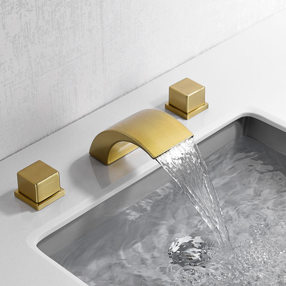 Victoria Waterfall 3 Holes Brushed Gold Bathroom Basin Tap Dual Handle