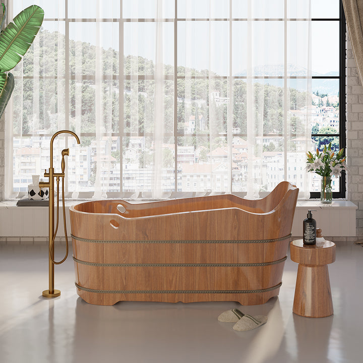 1510mm Japanese Oak Wood Soaking Bath Freestanding Modern Natural Bathtub