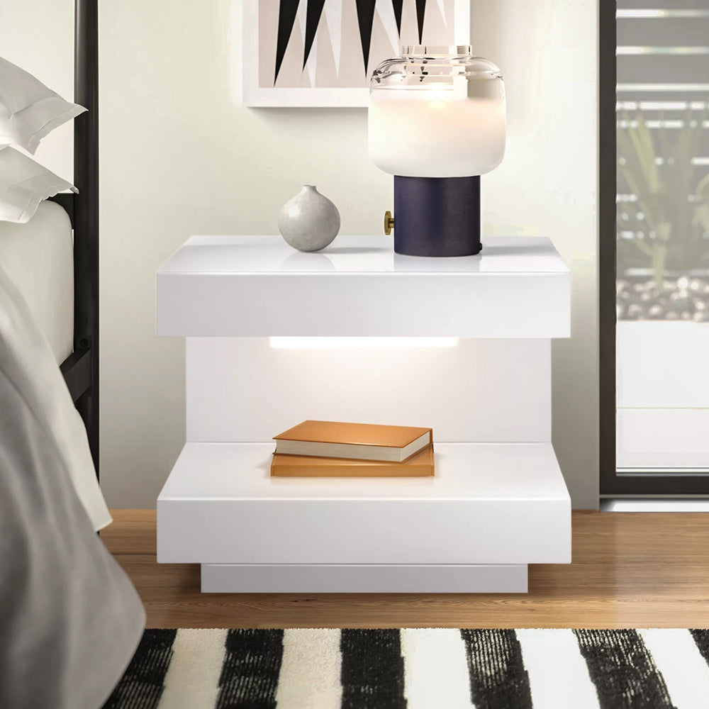 Glossy White Nightstand with 1 Drawer C-shaped Side Table with Light