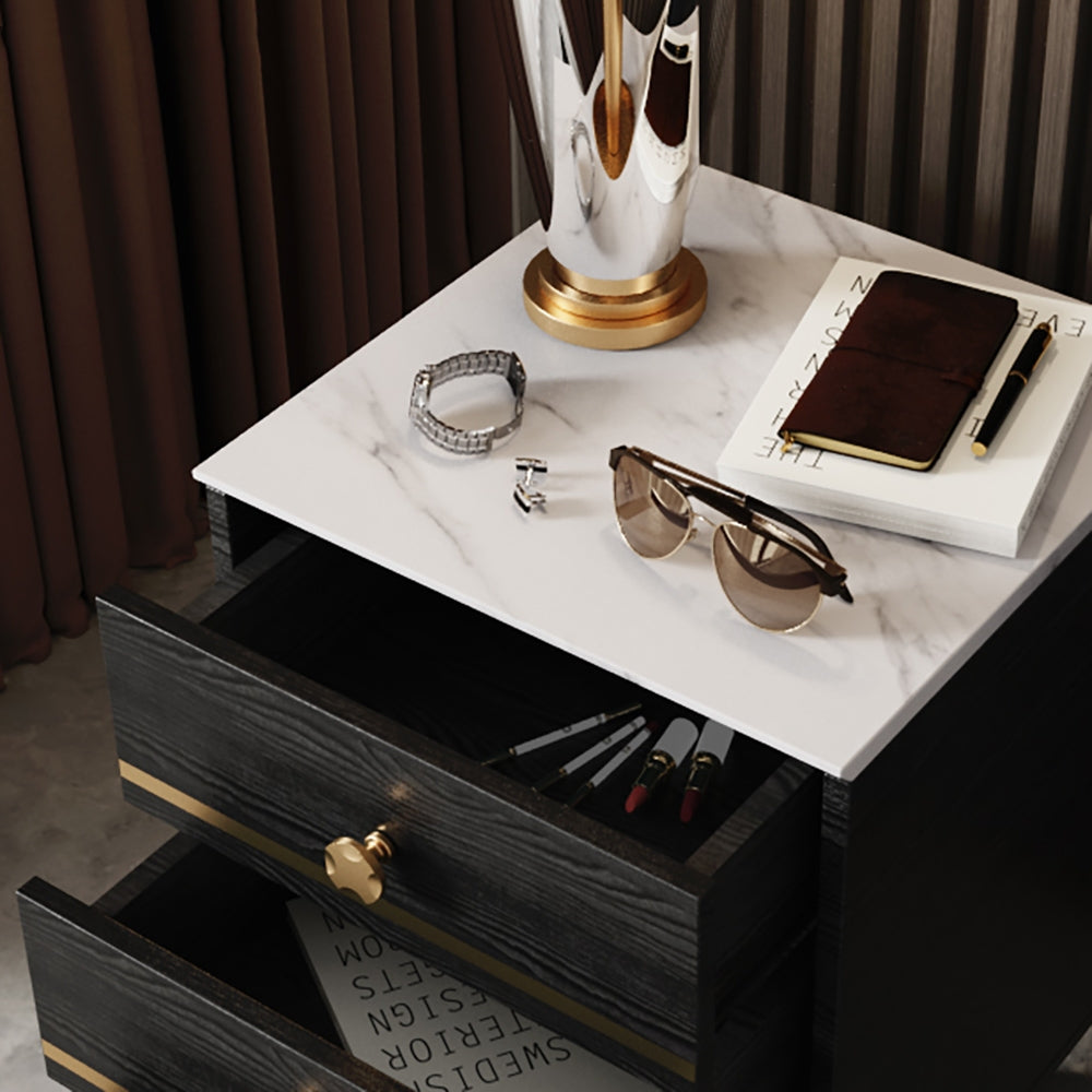 Modern Black Nightstand White Faux Marble Top Bedside Cabinet with 3 Drawers in Gold