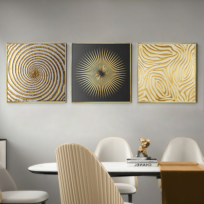 3 Pieces Glam Square Wall Decor Set Canvas Abstract Art with Frame in Gold & Black