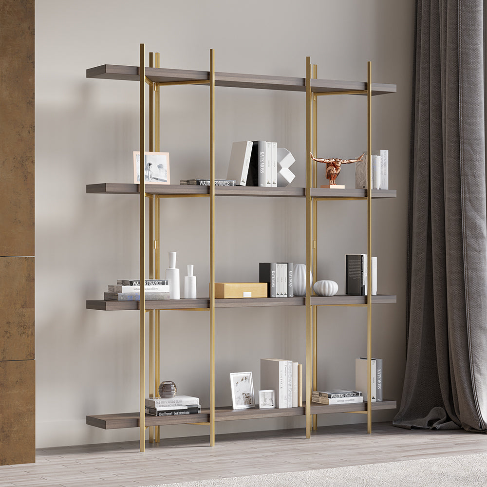 Modern 1800mm Standing Etagere Bookshelf with Open Storage in Walnut & Gold