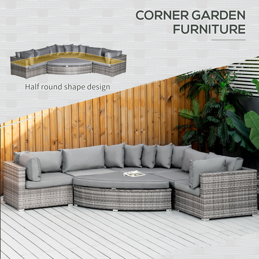 6-Seater Outdoor Rattan Wicker Sofa Set Half Round Patio Conversation Furniture Set w/ Cushions Grey