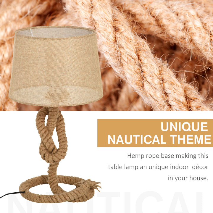 Nautical Style Rope-Base Table Lamp w/ Fabric Lampshade Metal Frame Power Switch Unique Lighting Furnishing Living Room Beige