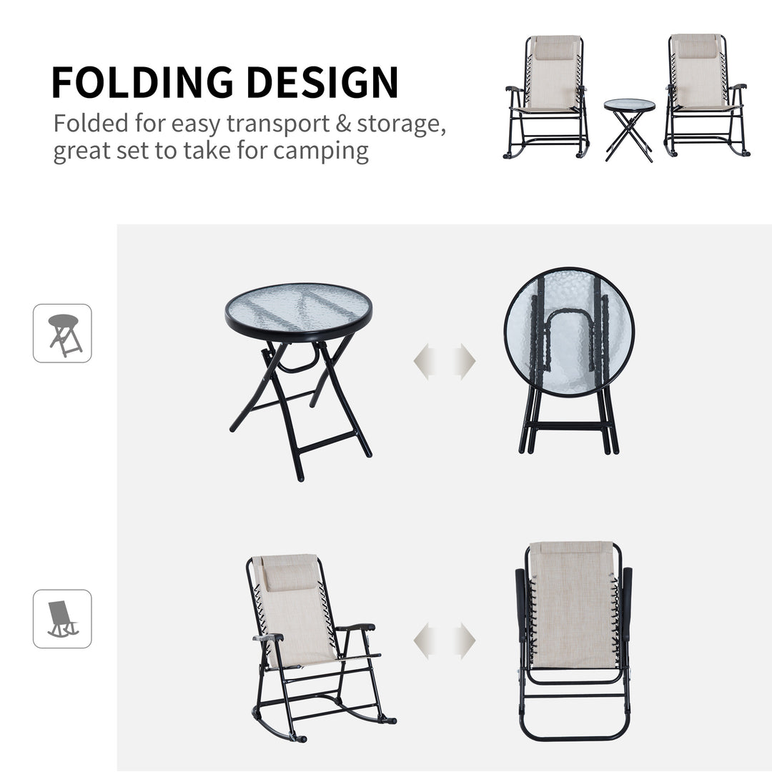 3 Piece Outdoor Rocking Set with 2 Folding Chairs and 1 Tempered Glass Table