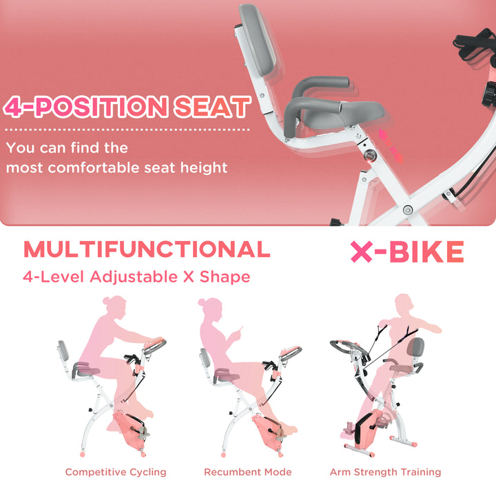 2-in-1 Upright Exercise Bike Stationary Foldable Magnetic Recumbent Cycling with Arm Resistance Bands Pink