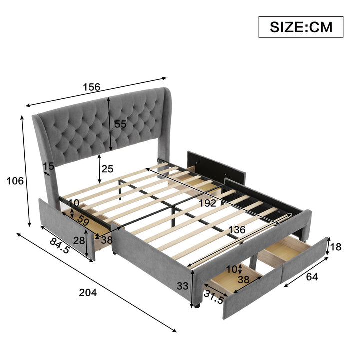 3FT Double Comfy Upholstered Storage Bed with 4 Drawers and Soft Backrest