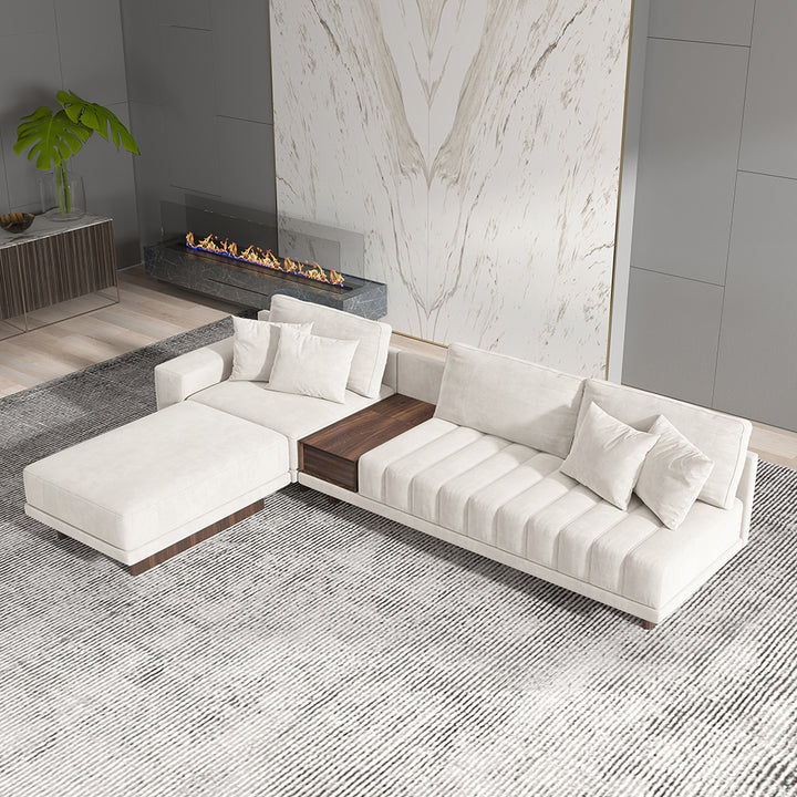 126" L-Shaped White Modular Sectional Sofa Channel Tufted Chaise with Ottoman & Storage