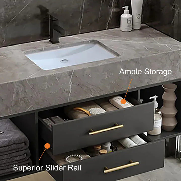 35" Floating Bathroom Vanity with Cultured Marble Vessel Sink with 2 Drawers Black & Gray