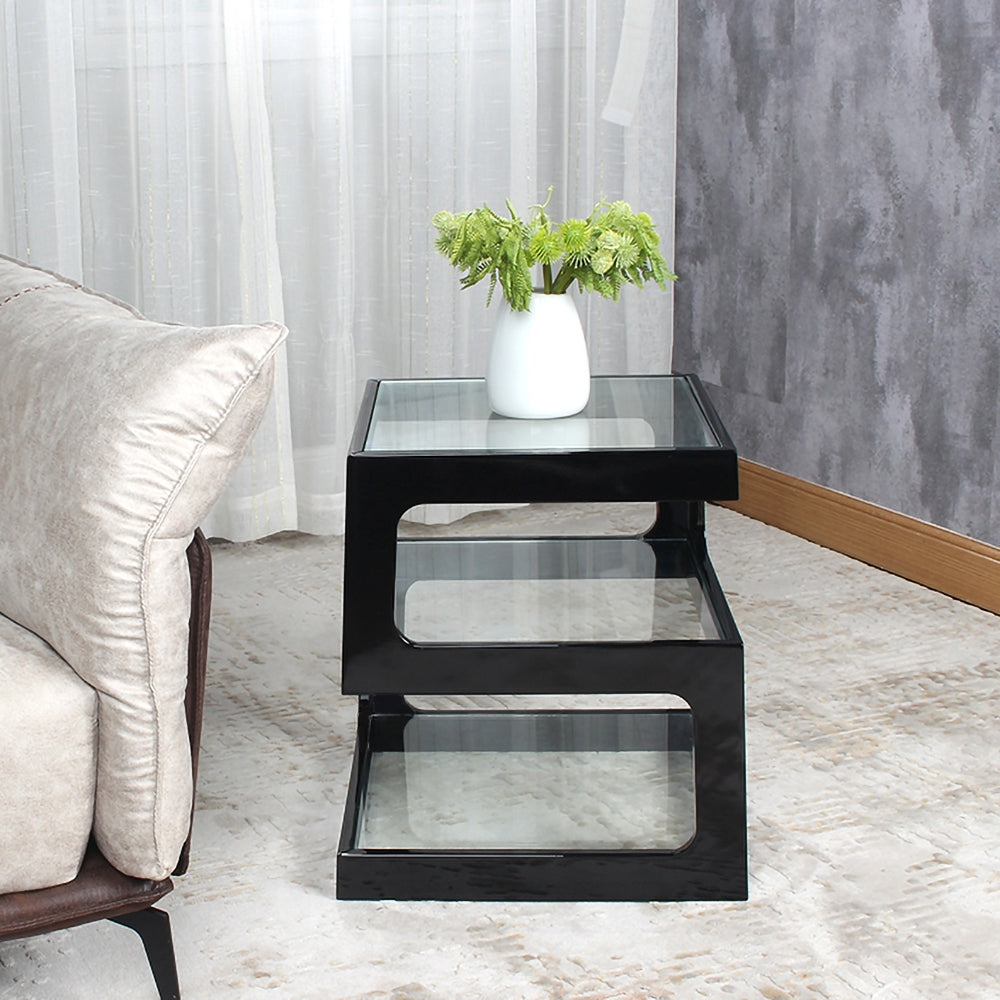 Modern Glass Side Table with 3 Tiers S-shaped End Table in Black