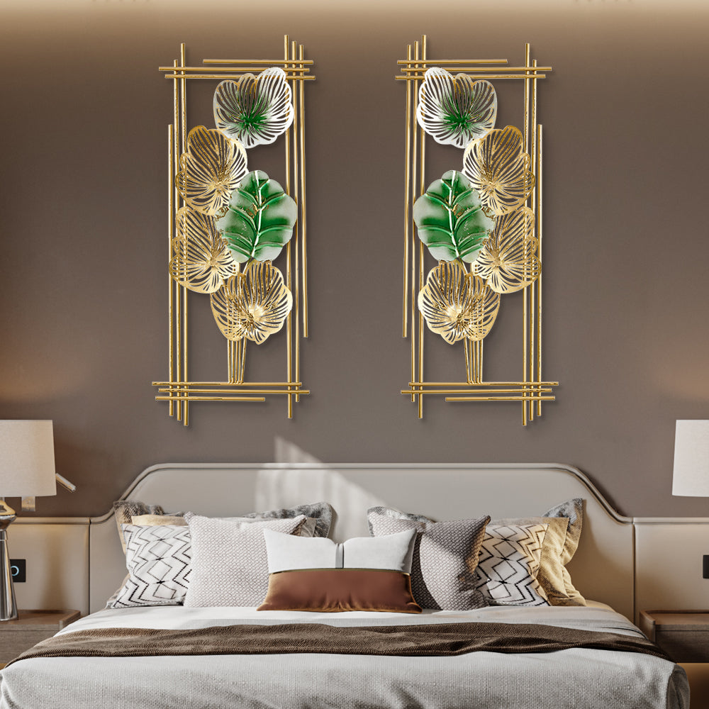 860mm 2 Pieces Metal Leaf Framed Wall Decor Gold & Green Rectangle in Living Room