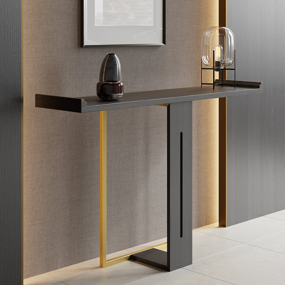 1200mm Narrow Console Table for Hallway Foyer Black Solid Wood & Gold Metal in Large