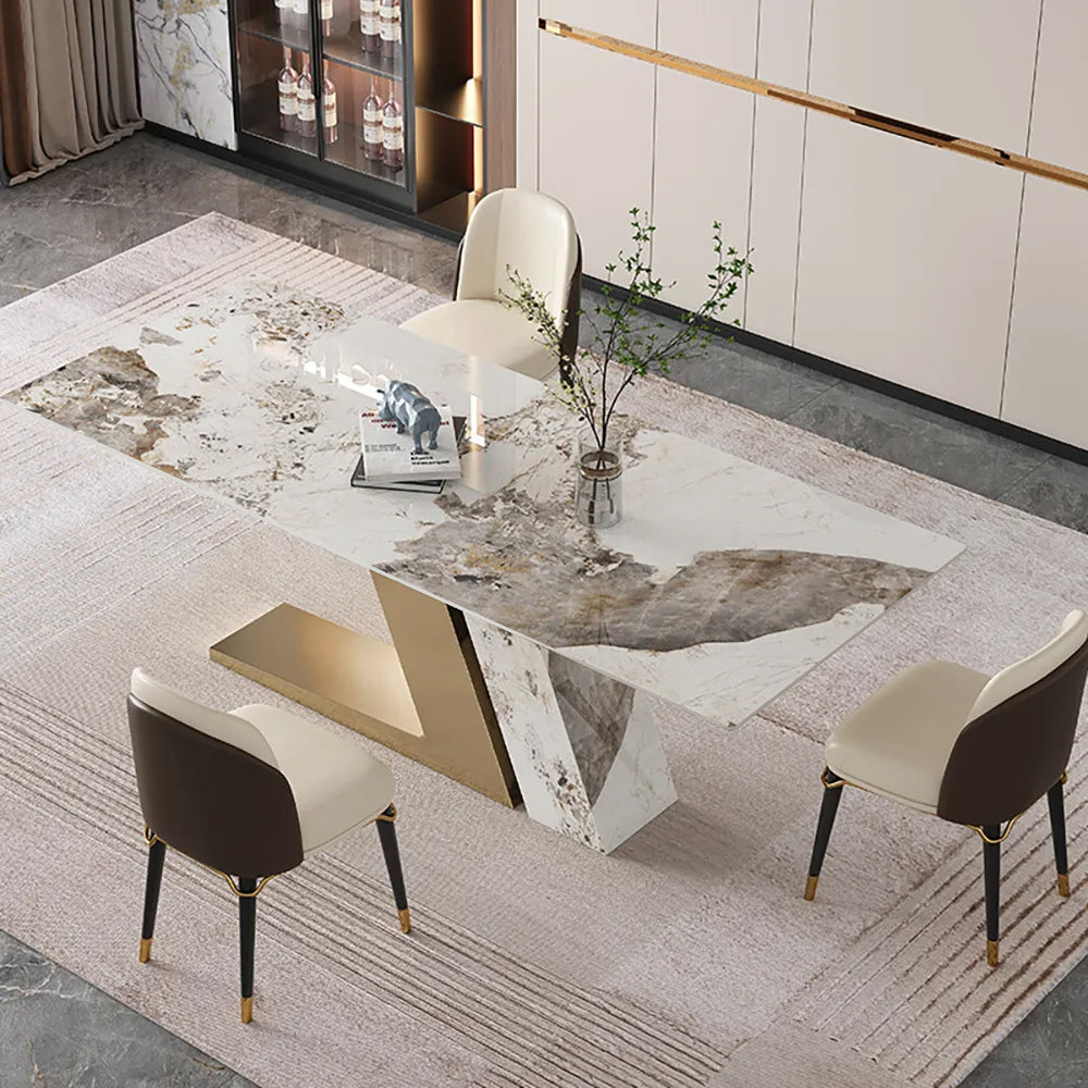 63" Rectangle Modern Sintered Stone Top Dining Table for 6 Stainless Steel Base in Gold