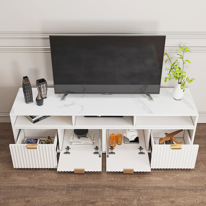 1440mm TV Stand White Corner Media Console Fluted with 2 Drawers & 5 Shelves