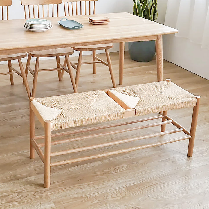 Japandi Natural Dining Room Bench Rattan Bench with Wood Legs