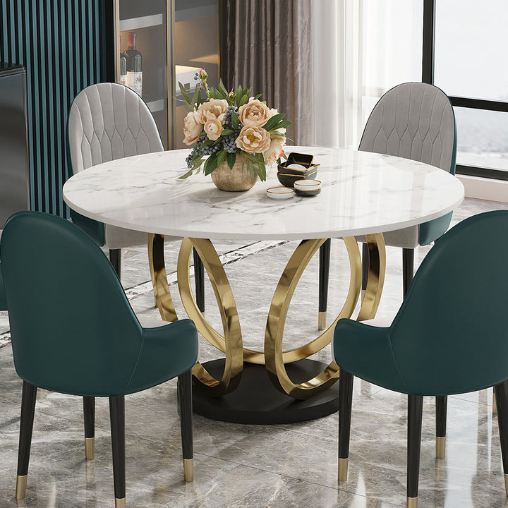 Round Dining Table Sintered Stone Top Gold & Black Pedestal for 6 Person Modern White