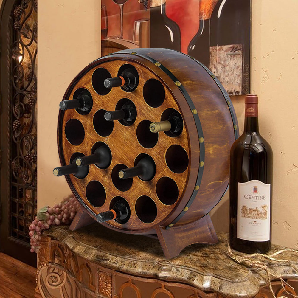 18 Bottles Vintage Wood Barrel Wine Rack Round Shaped Stackable Floor Wine Rack