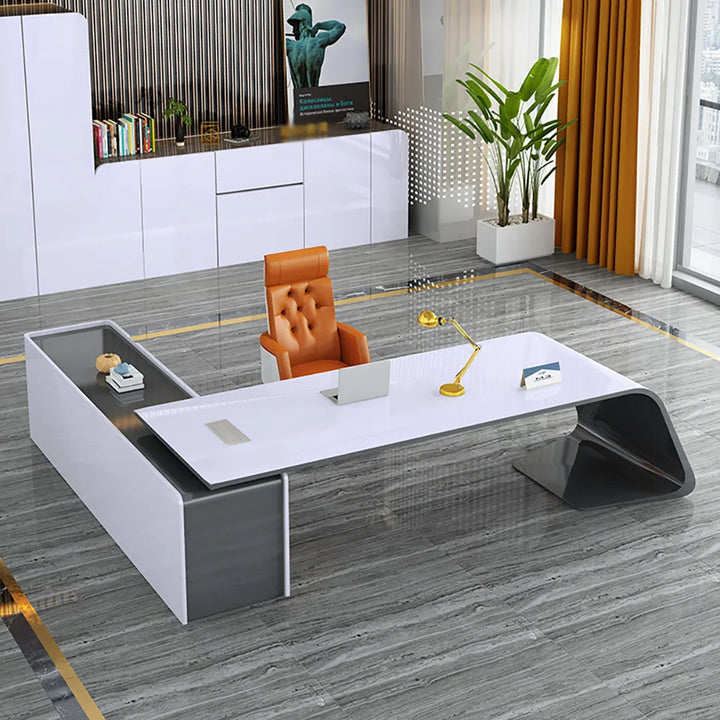 L-Shaped Right Hand Modern White Office Desk with Storage