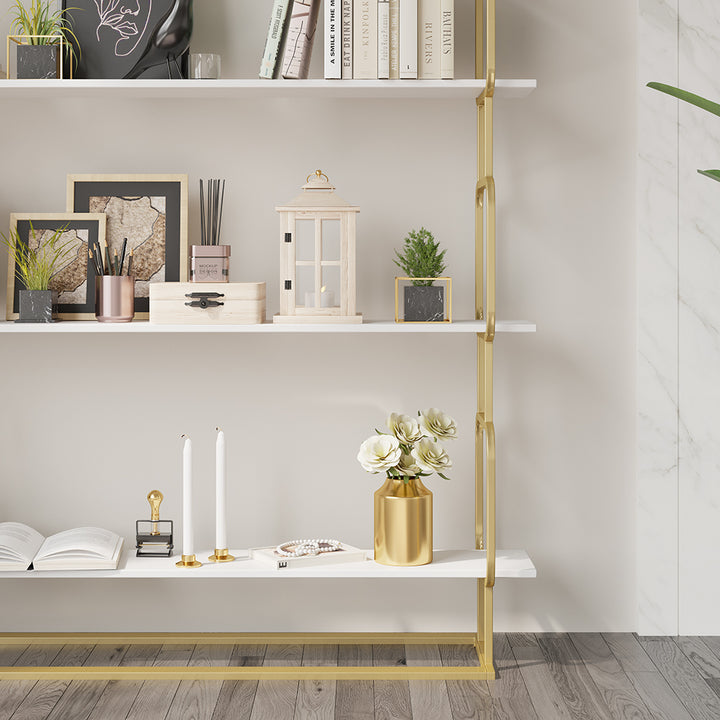 1800mm Modern White Tall Freestanding Wooden Office 4 Shelves Etagere Bookcase in Gold