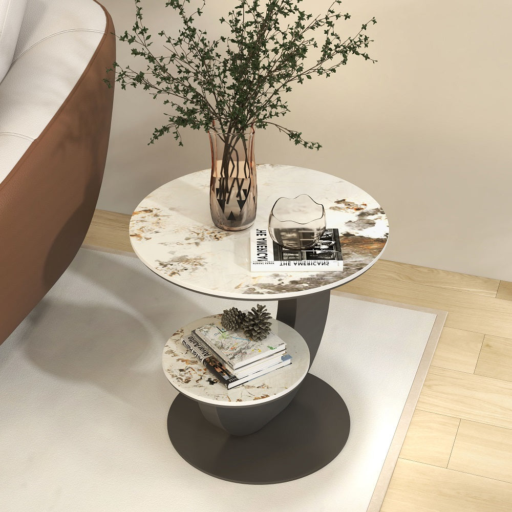 Homary Sintered Stone Side Table 2 Tier Round End Table Modern Simplicity Living Room