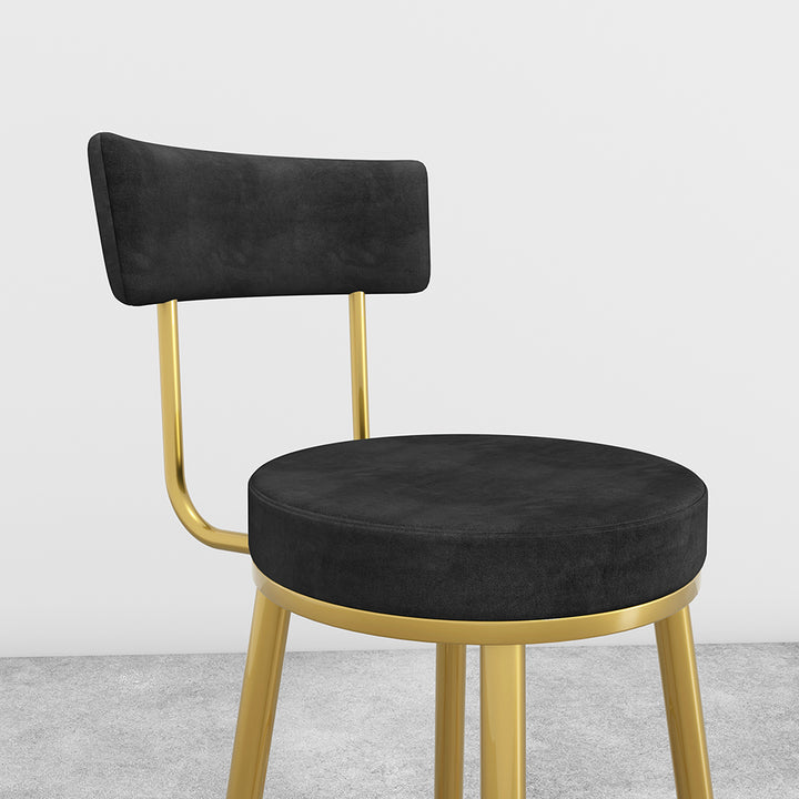 Round Black Bar Height Stool Velvet Upholstery with Back & Footrest for Kitchen Island