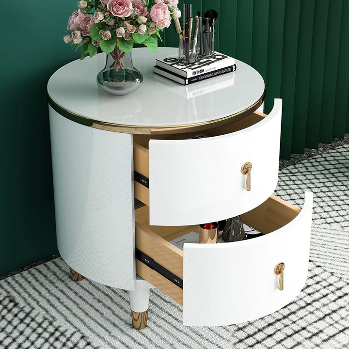 2-Drawer Round Bedside Table Modern White Bedside Table in Gold Finish