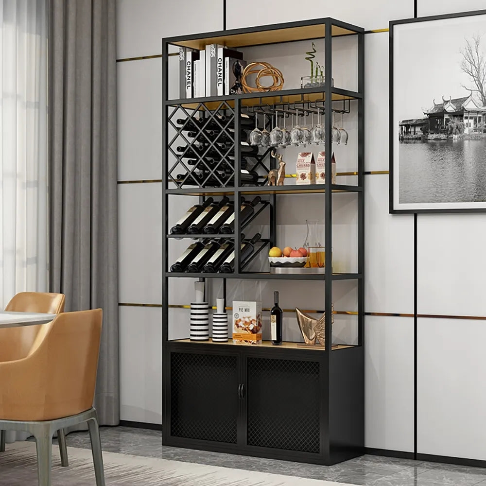 Industrial Tall Metal & Wood Wine Rack Floor Home Bar Cabinet with Glass Rack & Bottle Holder in Black