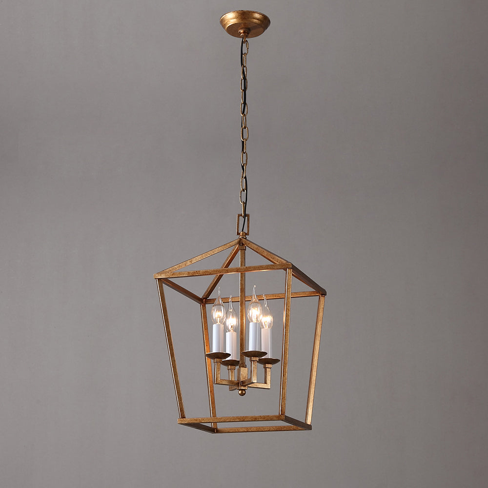 Rustic Geometric Cage Frame 4 Candle Light Kitchen Foyer Pendant Light in Brass