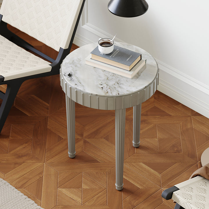 French Fluted Side Table with Faux Marble Top End Table with 3 Wooden Legs