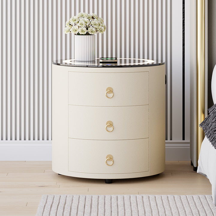 Round PU Leather Nightstand with Wireless Charging & Speakers & USB Port Modern Off-White Bedside Table