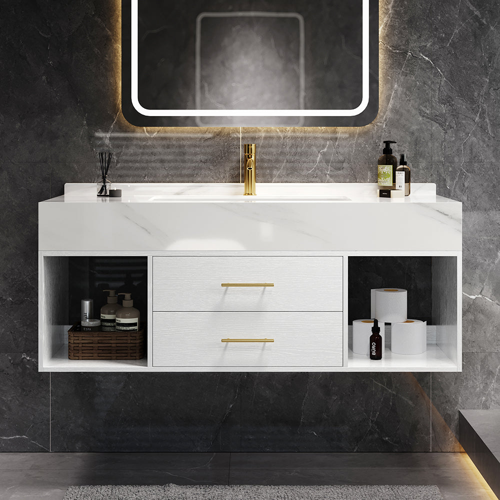 39.4" Floating Bathroom Vanity White with Cultured Marble Vessel Sink with 2 Drawers