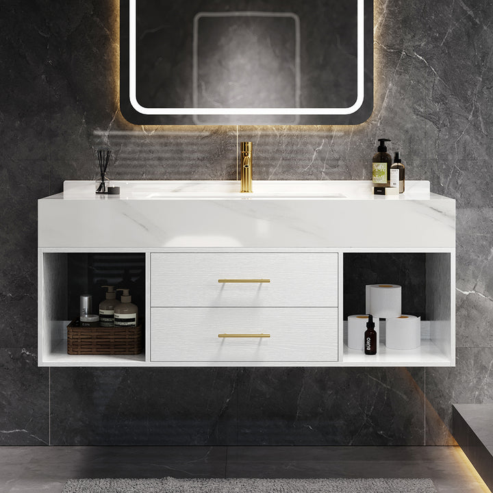 35" Floating Bathroom Vanity with Sintered Stone Vessel Sink with 2 Drawers in White