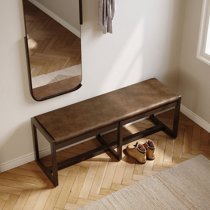 1200mm Mid-Century Modern Walnut Entryway Bench PU Leather Upholstered Bench Ash Wood Legs