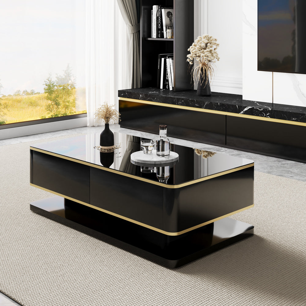 Gapn 1300mm Black Rectangle Modern Coffee Table with Storage 4 Drawer Tempered Glass Top