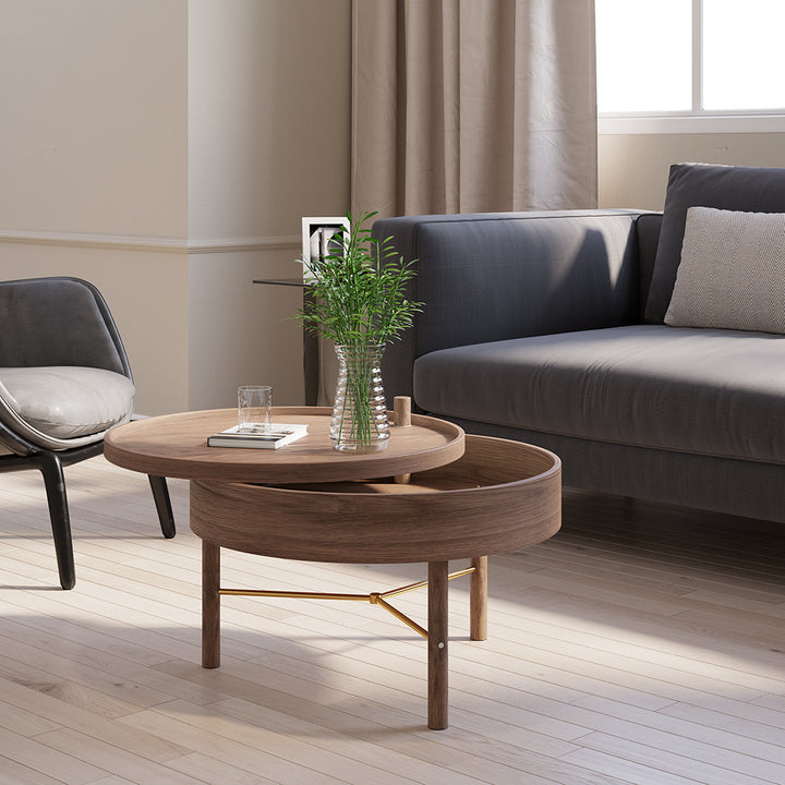 Modern Round Wood Rotating Tray Coffee Table with Storage & Metal Legs in Walnut