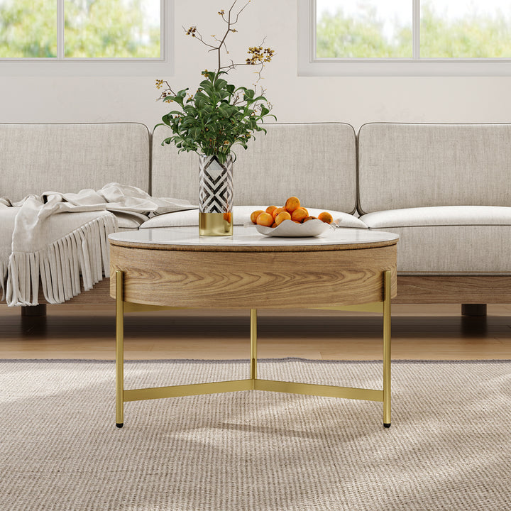 Round Lift-Top Coffee Table with Storage White & Natural without Stools