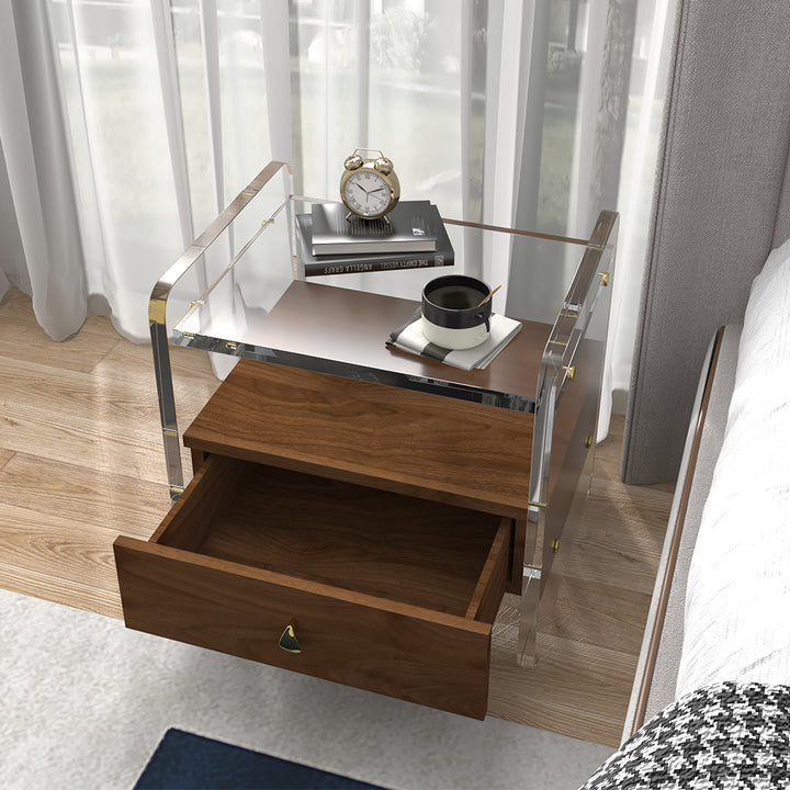 Modern Clear Acrylic Wood Nightstand with Storage & Shelf for Bedroom