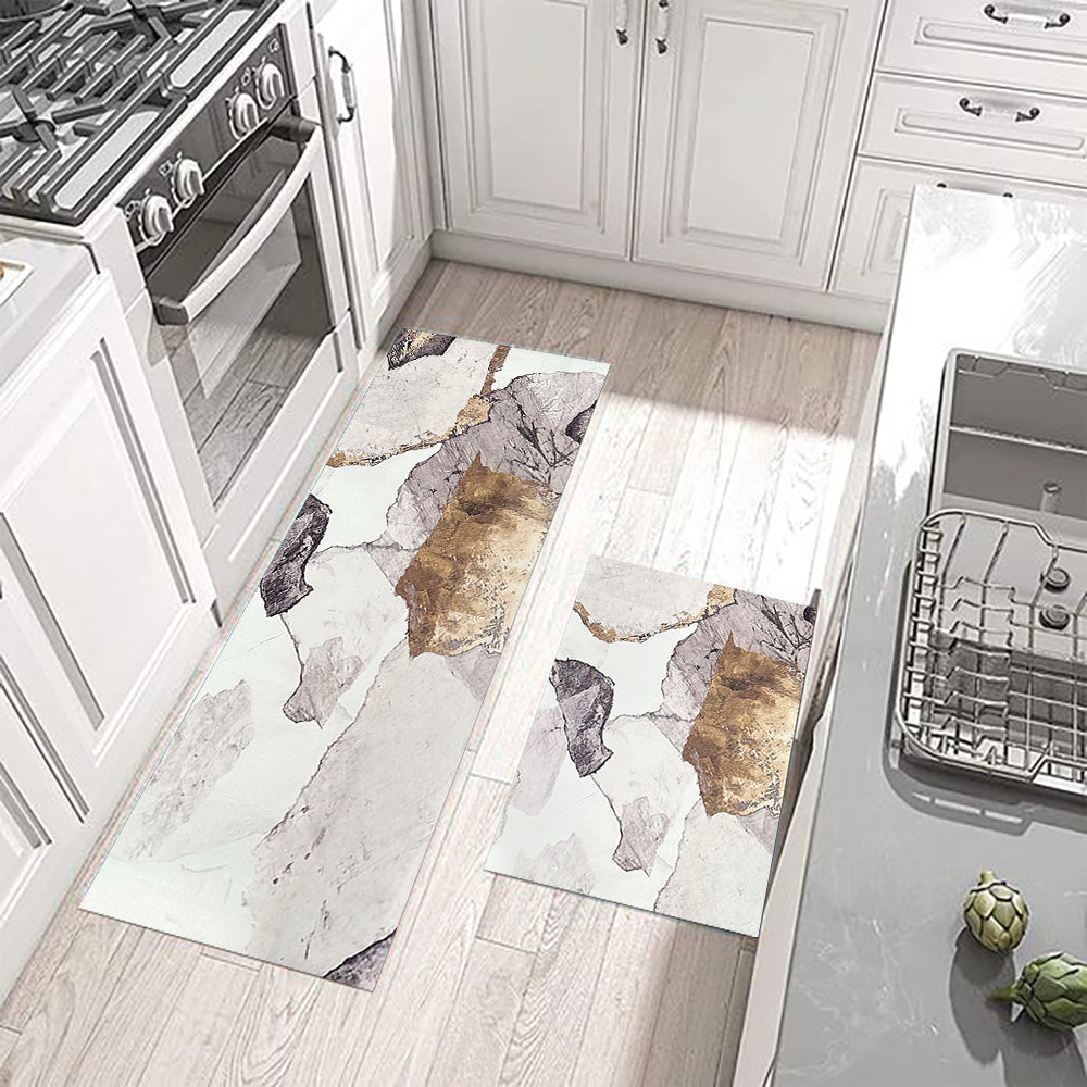 2 Pieces Modern Gold Kitchen Runner Mats Non-slip Abstract Kitchen Mat Set