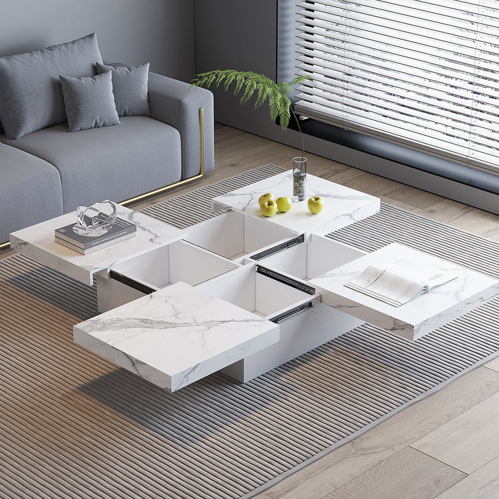 Square Marble Veneer Coffee Table Sliding Top with Storage in White