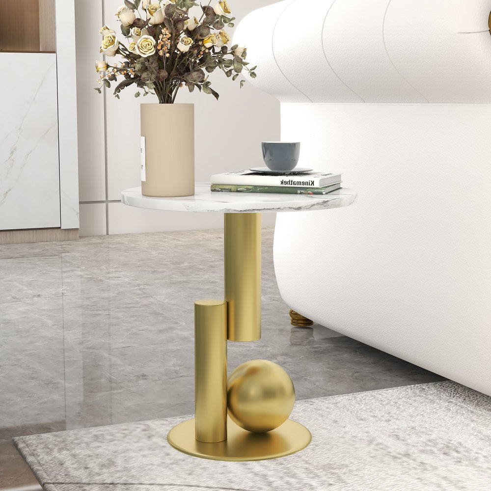 Round Marble Stone Top End Table with Abstract Metal Base Modern White Side Table