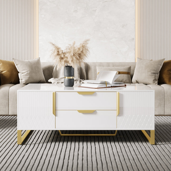 Aro Modern White Rectangular Coffee Table with Storage of Drawers & Doors in Gold