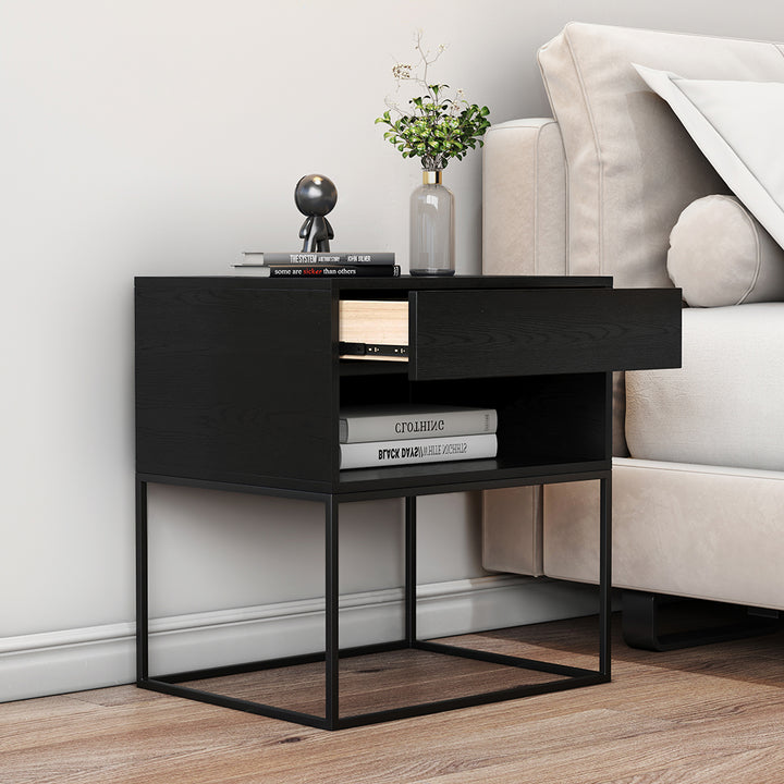 Black Modern BedsideTable with Drawer and Black Metal Base