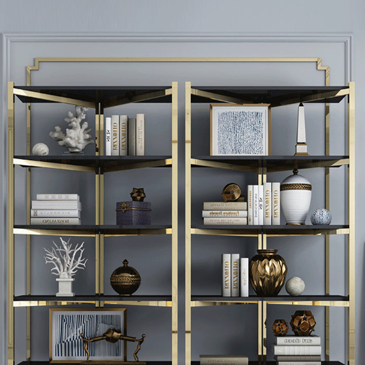 Modern Gold & Black 5-Tier Corner Shelf with Metal Frame & Eco-Board Bookshelf