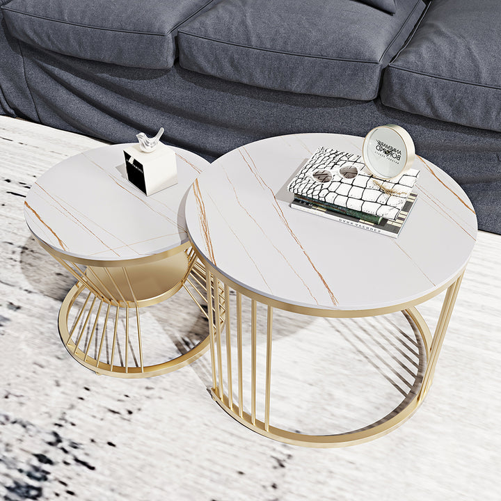 Round Marble Top End Table Modern White Side Table with Metal Frame in Gold Round 2-Piece Nesting Set Sintered Stone Top White Coffee Table