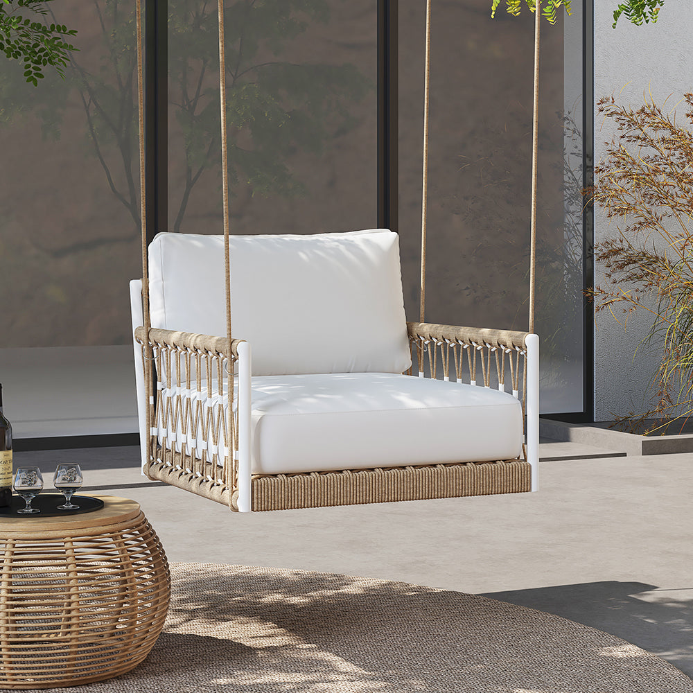 Ropipe Boho Khaki Hand Woven Rope Outdoor Patio 2-Seater Swing Sofa Arm Chair with White Cushion 529Lb. Weight Capacity